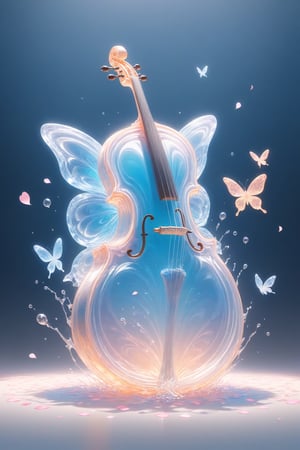 {Elegant crystal clear crystal glass cello with beautiful curves, filled with marbled light orange and white and blue liquid (transparent), forming the shape of a butterfly. Fox and texture. Smooth object contours and undulating dynamic movement. Pastel petals float around the vase. }