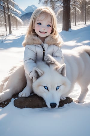 A little girl with blond hair and very fair skin. She is only 4 years old, but she grew up with a snow wolf with white fur and blue eyes. The snow wolf loves the little girl very much. He can put her to sleep and carry her on the grassland. The little girl always smiles happily. The little girl is extremely beautiful, with blue eyes, very lively, and long and thick eyelashes. To make her even more beautiful, she would often roll around on the grass with the snow wolf. The little girl wears all kinds of cute clothes. Outdoors, sunshine, mountains, trees, flowers, birds, butterflies. light and shadow. 