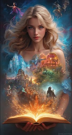 Create an image of a beautiful attractive young European woman with long curly hair standing in front of an open book. She seems to be traveling between worlds, and scenes from different fantasy worlds emerge from the pages. Her eyes are wide and full of wonder, and her flowing costume gives a sense of movement. The background shifts between vibrant colors, magical creatures, the colorful glow of magic and ancient cities, blending together seamlessly, as if the world in the book is coming to life around her. Beautiful magical fantasy art.