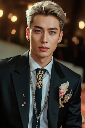 Anime-style solo singer, depicted as an unkempt man with French gentleman aesthetics. Short hair, eyeliner, and Rococo makeup embody emotional nobility. Wearing a chic black and white suit with a dragon-patterned gold tie, titanium watch, earrings, and luxurious silver lapel pin chain. A floral handkerchief peeks out from his chest pocket, highlighting his soft blonde hair, sharp blue eyes, long legs, and tall, handsome figure. The scene captures the essence of Rococo chic, with exquisite details blending elegance and avant-garde. Full body. Sometimes you sit, sometimes you stand sometimes you lie down.