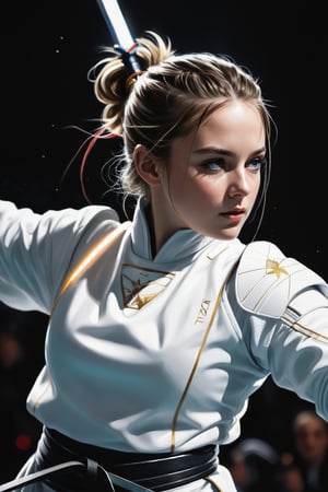 mj, RTX, 8k, HDR, best quality, cinematic story, (masterpiece), Andrey Atroshenko, Tanya Shatseva, Ross Tran, Anna Razumovskaya, art, realistic art, digital illustration, portrait, kendo competition, .Fencing is used for competitions The part of the venue is called "Piste". The three types of swords included in fencing (blunt swords, sharp swords and sabers) are all used in the same style and specifications during competitions. ·
Digital art and light and shadow art are also integrated into it. Vivid narrative realism, art by Carne Griffiths and Wadim Kashin