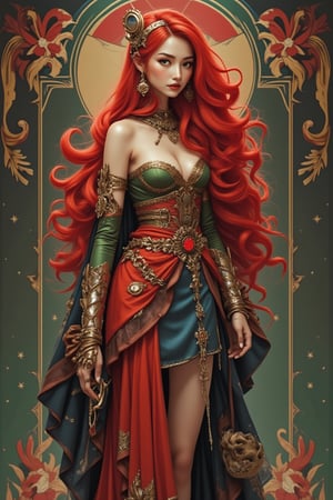 A beautiful model Shu Qi depicts a very beautiful red-haired woman, dressed as a love queen, blending the elements of elegance, steam punk, and control theory into one. She wears a striking red dress, paired with a green tight-fitting top, highlighting the waistline, and a blue short skirt, adding a leathery feel. This outfit is accessorized with steam punk components—gears, goggles, and metal details—and control theory elements, giving her a future-oriented advantage. The background uses red, green, and blue complementary color patterns, creating a vibrant and dynamic atmosphere, highlighting her dominance.