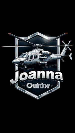 Logo badge. Design a modern and stylish logo with the attack helicopter Longbow Apache at its core. The attack helicopter Apache Longbow should be stylized and dynamic, capturing the essence of speed and adventure. An elegant silver frame surrounds the attack helicopter Longbow Apache to accentuate its styling. Below or integrated with the Attack Helicopter Longbow Apache, add the text "Joanna Dhu" in a bold and stylish font that complements the overall design. The color scheme should resonate with luxury, using silver prominently, and using contrasting colors to enhance visual appeal