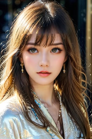 A masterpiece, high-definition, 8K, with a cool temperament, the golden proportions of the facial features, more beautiful than a Korean supermodel, the exquisite 45-degree face center, (golden and silky hair, long straight hair with ion perm), She has high-altitude permed bangs, beautiful {{{blue eyes, big, bright, crystal clear,}}} oval cheeks and slightly pouty lips, beautiful white skin that is very delicate, and she is wearing the latest fashion of the Paris season. Chanel fashion clothes, light and shadow, photography effects. Plus Gauguin's artistic design effects. light and shadow.
