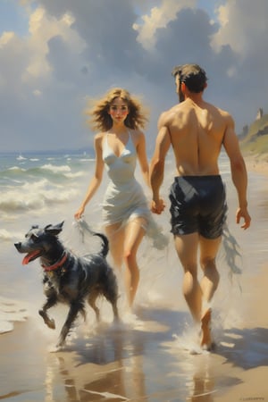 Portrait of a couple of lovers walking along the beach in bathing suits, five dogs running playfully beside them, cloudy day, a bit windy, water receding to their feet, Claude Monet art, light and shadow. 