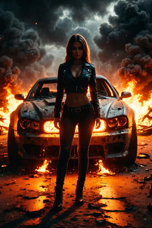 Ghost rider super cars, girl standing in front cars,fire light on the girl 