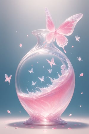 {Elegant crystal glass locomotive with beautiful curves filled with marbled pink and white liquid forming the shape of a butterfly. Butterflies and textures. Smooth insect silhouettes with undulating dynamic movement. Pastel petals float around the vase. }