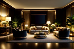 A luxurious indoor design scene featuring a grand room with elegant furniture. Include a plush bed with bedside tables, a comfortable sofa adorned with decorative pillows, a stylish lamp, lush potted plants, a large flat-screen TV, and a sophisticated tea table. The lighting should create a warm, inviting atmosphere, highlighting the rich textures and fine details of the furnishings. Composition should be balanced, capturing a serene yet opulent ambiance. High-quality, official art style, showcasing meticulous attention to detail and perfect execution.