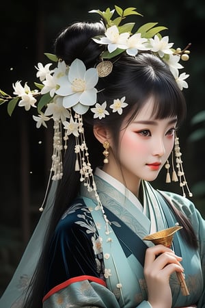 Close-up of a stunningly beautiful girl, Chinese Han Dynasty girl, with big eyes and long eyelashes that make her eyes more lively and beautiful, wearing Han Dynasty clothes and hairstyle, with stunning black hair and long Thick eyelashes, holding a delicate bouquet of jasmine flowers on her fingers. When she looked directly at the audience, she smiled. Her whole body exuded an otherworldly light, and every contour and object on her body seemed to be illuminated by light and sparkle. She couldn't help but dance a dance on the spot, which was very elegant and soft. After the dance, she took the paper umbrella and prepared to go back. In the quiet atmosphere of the summer night, the trees were tall, the rivers flowed quietly, and the nocturnal creatures sang and sang with their gentle calls. As croaks serenade them, our protagonist acts like a beacon of loveliness. In Vadimka's new style, every detail has been carefully crafted to create a realistic style that exudes elegance and wonder. (Masterpiece 2.0, 8K) Depth of field.,source_furry,score_5_up,score_6_up,score_7_up,score_8_up,score_9,han fu