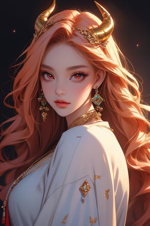 (Best Quality, 8k, Masterpiece, UHD Best Ratio), High Resolution, Sharp Focus, Absurd, Beautiful Delicate Blonde Hair, Exquisite Beautiful Turquoise Bright Detailed Eyes, Long and Thick Eyelashes, Portrait, Full body, RAW, photoshop)), 1 girl, hypnotic young woman wearing an intricate headdress made of flowers and various jewelry, glittering, sparkling, shiny, shiny, (very long shiny hair, Silky long air-perm curly hair, increasing the elegance of the hair, changing the colorful hair, gradient hair, two-color hair, black hair, red hair: 1.3), (flash, gradient, gold and red eyes), large hoop earrings, jewelry, pairs Lips, ((red cheeks, head with devilish golden horns, dark thick eyelashes), sharp black eyeliner, eye shadow, perfect makeup)), with various expressions, cute, sweet, shy, flirtatious, beautiful, Seductive, captivating, hypnotic, captivating, captivating beauty, (dynamic pose, dynamic angle), looking at the viewer, beautiful hands, perfect hands, photographer's perspective, looking at the viewer, close-up, with a large eerie castle in the background, (((detailed scenery, detailed background)), (cinema lighting, special effects), glit3r, octane rendering, gigapixel, gyaru, tied shirt, light and shadow.