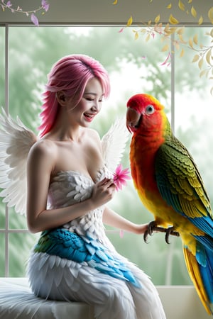 Design an image featuring a serene home setting where a stunning Taiwanese supermodel, adorned with angelic wings, is at ease. She is accompanied by her vibrant pet, a rainbow-colored parrot, known for its ability to mimic speech and sing beautifully. The scene captures the supermodel laughing heartily, her body language expressive and joyful, as the parrot mimics her laughter with a magical charm. The background is minimalist, with floating musical notes representing the parrot's melodious songs, creating a harmonious and warm atmosphere. The artwork combines oil and ink wash techniques, emphasizing soft, flowing light effects that enhance the beauty of the moment. The composition is a masterpiece, capturing a solo yet harmonious interaction between the model and her enchanting pet.