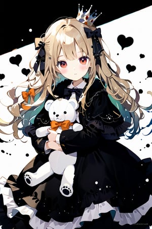 1girl, solo, long hair, looking at viewer, blush, bangs, brown hair, hair ornament, red eyes, long sleeves, dress, bow, holding, closed mouth, hair bow, frills, bowtie, black dress, fur trim, black bow, capelet, watermark, stuffed toy, frilled dress, stuffed animal, crown, box, gift, lolita fashion, teddy bear, orange bow, mini crown, holding stuffed toy,hue