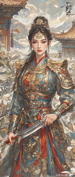 Whispers of War Killing: There was a beautiful and charming female general in the ancient Han Dynasty of China. She had eighteen martial arts skills that no one could match on the battlefield. She held a broadsword that was taller than a person. Her beautiful long hair is tied into a high ponytail, her big bright and smart eyes, and her long eyelashes do not diminish her heroic demeanor. She is also very tall. Wearing the armor of a Chinese Han Dynasty female general. She holds a large knife with a serrated blade. The metal of the knife is very shiny, and the hand-made sketch is exquisite with colored ink and ink. Chinese ancient art, animation style. It's an excellent photo.,Glass