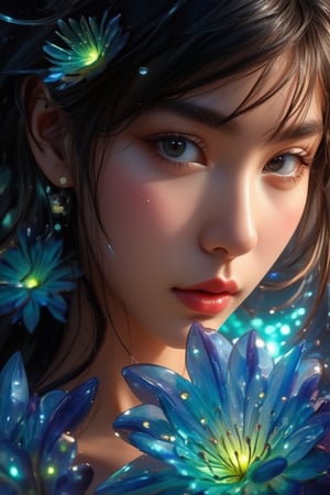 Close-up photography of a beautiful girl with shining hair adorned by a rare bioluminescent flower, hyper-realistic 16k resolution. Intricate details of sharp, bluebell-like petals attached to water droplets, reminiscent of sculptural artwork. Delicate oil and marker lines on cracked epoxy glass create unique texture, ultra-fine illumination enhances drama. Perfect lighting accentuates beauty, captured in an analog style print.