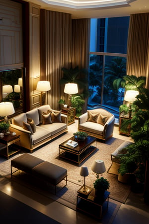 A luxurious indoor design scene featuring a grand room with elegant furniture. Include a plush bed with bedside tables, a comfortable sofa adorned with decorative pillows, a stylish lamp, lush potted plants, a large flat-screen TV, and a sophisticated tea table. The lighting should create a warm, inviting atmosphere, highlighting the rich textures and fine details of the furnishings. Composition should be balanced, capturing a serene yet opulent ambiance. High-quality, official art style, showcasing meticulous attention to detail and perfect execution.