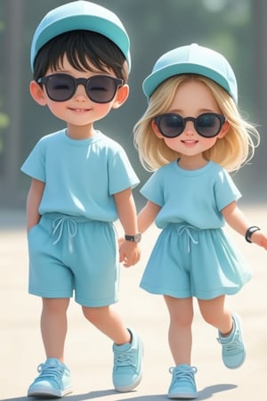 On a sunny day, a handsome black-haired little boy and a beautiful blond-haired little girl, both wearing sky blue matching T-shirt suits, hats, and sneakers. They wear sunglasses and laugh as they walk. Simple background, jewelry, watch, and obvious height difference. Soft natural light and medium shots capture their happy expressions and leisurely moments.