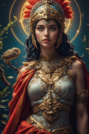 (Masterpiece, Top Quality, Best Quality, Official Art, Beauty and Aesthetics: 1.2), Extremely Detailed, (Fractal Art: 1.3), Colorful, Supreme Details, Dreamy Atmosphere, Vibrant Colors. The image of the goddess Athena merged with the beautiful face of an Indian girl, a mythical creature from Greek mythology. She exudes a warlike and majestic temperament, wearing ancient Greek battle uniforms and a helmet to protect her palace. Beside her, an owl, an olive branch, a snake, a reed pen, a spinning rod, and a devil-faced spindle appear. As a goddess of beauty and wisdom, one of the twelve Olympian gods, she stands in a dimly lit background, with shadows accentuating her exquisite figure. The overall atmosphere is one of mystery and awe, capturing her powerful and blessed nature.