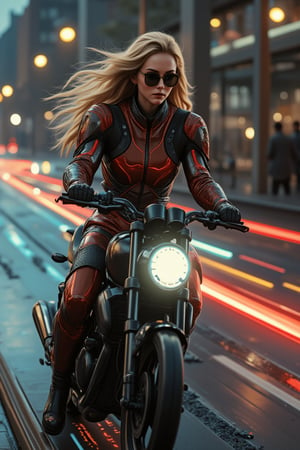 A 128K resolution digital art masterpiece featuring a robot girl wearing dark red and light brown mecha armor with shining neon lines. She has a delicate face, soft and shiny skin, long flowing hair, and sunglasses, resembling Kristen Stewart. Riding a black German soldier Eliminator 500 SE at high speed, her focused expression and air movement create neon rainbow lines. The city street background, with puddles and darkness, captures the thrill of the motorcycle's speed, enhanced by RTX technology.