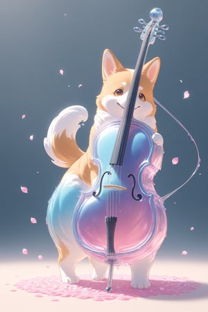 {Elegant crystal glass cello with beautiful curves filled with marbled pink and white liquid forming the shape of a corgi dog. Dogs have hair and texture. Smooth animal silhouettes with wavy dynamic movement. Pastel petals float around the vase. }