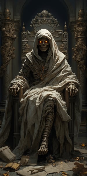 Stunning oil painting illustration. An unforgettably beautiful scene unfolds: a majestic female mummy sits majestically on an ancient stone throne, wrapped in tattered linen, her weathered face shimmering mysteriously under the dark veil. Her skeletal face and detailed, mysterious eyes. She is flanked by treasures scattered in the background, including gleaming golden artifacts and sparkling precious jewels that appear to hold the secrets of forgotten legends. Scrolls unravel tales of ancient mysteries, and worn parchments reach out to mummies like skeletal fingers. The moody lighting casts long shadows, weaving a mysterious aura around the magnificent mummy, as if darkness itself has come to pay its respects.