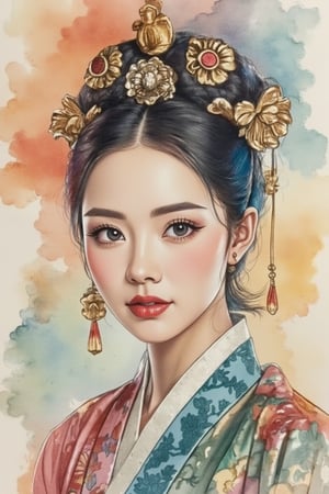 A beautiful European beauty, tall, sexy, and well-proportioned, wears ancient Korean-style clothes and has a hairstyle popular in the ancient Korean dynasty. She exudes a sense of fashionable aristocracy and customs, casual and elegant. The artwork is meticulously and realistically depicted in watercolor and gouache, displaying lifelike quality and masterpiece status. 128K resolution captures colorful light wavelengths, mesmerizing reflections, and the delicate gouache sketch in the center. Ancient art styles highlight beauty and sophistication.