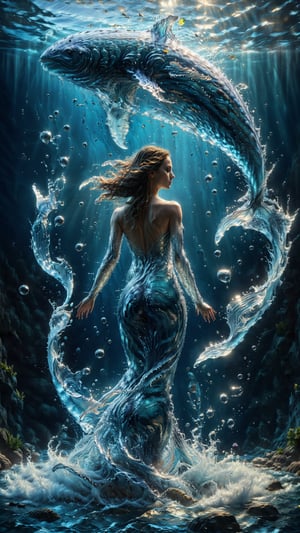 Beautiful tall girl with her back to the audience, figure, fantasy, whale, surrealism, science fiction, fantasy, new play {{{Masterpiece}}}, liquid flow form. The flow of sea water and the swimming of animals create the outline of the fish, realism and realism. The light and shadow in the water and the bottom of the sea are extremely beautiful.