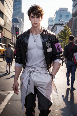 A boy faces the camera head-on, with thick eyebrows, large purple-brown eyes (eyelashes are very long and dense), and healthy wheat-colored skin. (See through) He has chest muscles, his hair color is purple and black (Change) His body proportion is 1:8, his clothes were changed to a white T-shirt and camouflage trousers. He tied a black jacket around his waist and wore basketball shoes. He is 183 cm tall and weighs 75 kg. He danced hip-hop in front of the 101 Building Square. The background is a distant view, the depth of field of the 101 Building in Taipei City (far view).
