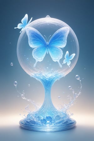 
{Elegant crystal clear crystal glass electric fan with graceful curves, filled with marbled light blue and white and blue liquid (transparent), forming the shape of a butterfly. Lion and texture. Smooth object contours and undulating dynamic motion. Pastel petals float around the vase. }