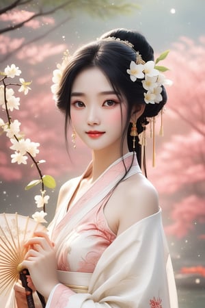 Close-up of a stunningly beautiful girl, Chinese Han Dynasty girl, with big eyes and long eyelashes that make her eyes more lively and beautiful, wearing Han Dynasty clothes and hairstyle, with stunning black hair and long Thick eyelashes, holding a delicate bouquet of jasmine flowers on her fingers. When she looked directly at the audience, she smiled. Her whole body exuded an otherworldly light, and every contour and object on her body seemed to be illuminated by light and sparkle. She couldn't help but play the musical instrument ((flute)) on the spot, which was very elegant and soft. After dancing, she took the paper umbrella and prepared to go back. In the quiet atmosphere of the summer night, the trees were tall, the river flowed quietly, and nocturnal creatures used it. Serenading them with gentle chirps and croaks, our protagonist is like a beacon of loveliness. In Vadimka's new style, every detail has been carefully crafted to create a realistic style that exudes elegance and wonder. (Masterpiece 1.2, 8K) Depth of field.,source_furry,score_5_up,score_6_up,score_7_up,score_8_up,score_9,han fu