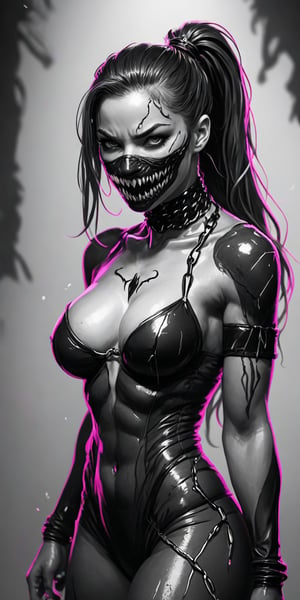 Black and white sketch, realistic, Venom, female, Marvel comics, chains, (((splashes of neon colors)))), neon colors,Kurisutaruu