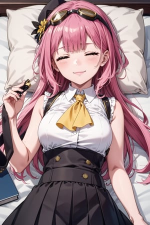 1girl, solo, long hair, smile, bangs, skirt, shirt, hat, holding, closed mouth, closed eyes, white shirt, pink hair, lying, sleeveless, virtual youtuber, blunt bangs, on back, black skirt, pillow, book, ascot, sleeveless shirt, bed, on bed, sleeping, suspenders, goggles, brown headwear, suspender skirt
