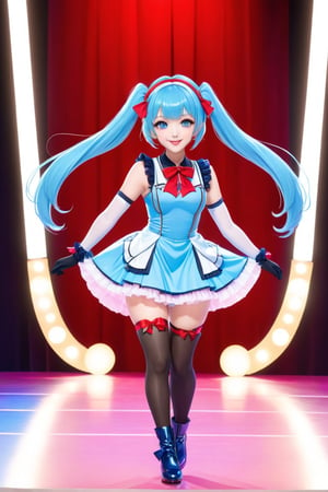 1 girl, alone, looking at viewer, bangs, blue eyes, smile, full lips, red lips, ahoge, sideburns, light blue hair, full body, hair ribbon, hair band, shoes, sleeveless, elbow-length gloves, twin tails, stage background with lights, hair locks, asymmetrical bangs, magical girl idol outfit, sparkling dress, frills, ribbons, wand, star accessories, dynamic pose, colorful stage lights, confident expression, knee-high boots, microphone, well-proportioned, symmetrical body, well-proportioned legs, symmetrical feet, full body shot, entire body in frame, including feet

hairstyle: long hair, styled in large curls, twin tails with large bows
