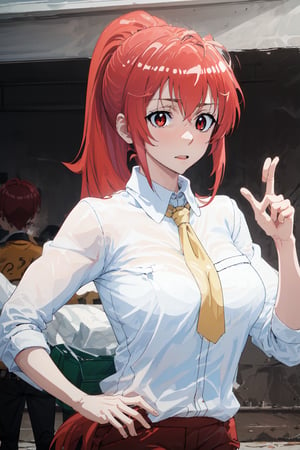 score_9, score_8_up, score_7_up, score_6_up, score_5_up, score_4_up, BREAK, source_anime,makima_v1, 1girl, red hair, ringed eyes, braided ponytail, solo, black necktie, shirt, collared shirt,black_pants