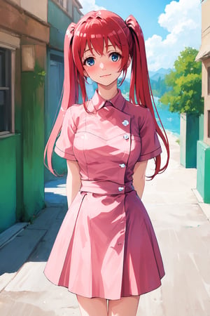 best quality, masterpiece, detailed, komako,
solo, blush, light smile,
red hair, blue eyes, long hair, twintails,
nurse dress, 
standing, head tilt, arms behind back, looking at the viewer,
outdoors