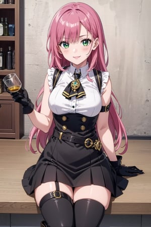 1girl, solo, long hair, pink hair, green eyes, looking at viewer, smile, bangs, white shirt, sleeveless, black skirt, skirt, thighhighs, gloves, black gloves, sitting, boots, brown footwear, shirt, suspenders, ascot, thigh strap, indoors, virtual youtuber, bottle, shelf, flask
