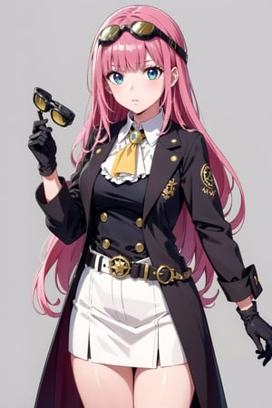 1girl, solo, long hair, very long hair, bangs, blunt bangs, pink hair, simple background, blue background, cowboy shot, shirt, jacket, coat, long sleeves, gloves, black gloves, holding, belt, ascot, red ascot, goggles, goggles on head, fish
