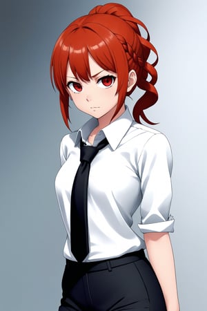 score_9, score_8_up, score_7_up, score_6_up, score_5_up, score_4_up, BREAK, source_anime,makima_v1, 1girl, red hair, ringed eyes, braided ponytail, solo, black necktie, shirt, collared shirt,black_pants