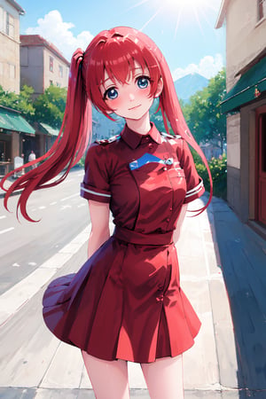 best quality, masterpiece, detailed, komako,
solo, blush, light smile,
red hair, blue eyes, long hair, twintails,
nurse dress, 
standing, head tilt, arms behind back, looking at the viewer,
outdoors