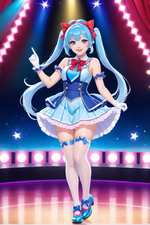 1 girl, alone, looking at viewer, bangs, blue eyes, smile, full lips, red lips, ahoge, sideburns, light blue hair, full body, hair ribbon, hair band, shoes, sleeveless, elbow-length gloves, twin tails, stage background with lights, hair locks, asymmetrical bangs, magical girl idol outfit, sparkling dress, frills, ribbons, wand, star accessories, dynamic pose, colorful stage lights, confident expression, knee-high boots, microphone, well-proportioned, symmetrical body, well-proportioned legs, symmetrical feet, full body shot, entire body in frame, including feet

hairstyle: long hair, styled in large curls, twin tails with large bows
