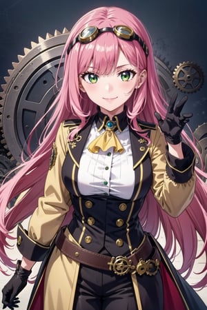 1girl, solo, long hair, very long hair, pink hair, green eyes, looking at viewer, smile, closed mouth, bangs, gloves, black gloves, long sleeves, brown jacket, virtual youtuber, hand up, waving, character name, ascot, goggles, goggles on head, gears, steampunk

