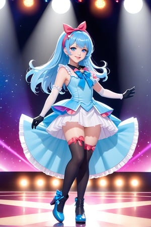 1 girl, alone, looking at viewer, bangs, blue eyes, smile, full lips, red lips, ahoge, sideburns, light blue hair, full body, hair ribbon, hair band, shoes, sleeveless, elbow-length gloves, stage background with lights, hair locks, asymmetrical bangs, magical girl idol outfit, sparkling dress, frills, ribbons, wand, star accessories, dynamic pose, colorful stage lights, confident expression, knee-high boots, microphone, well-proportioned, symmetrical body, well-proportioned legs, symmetrical feet, full body shot, entire body in frame, including feet

hairstyle: long hair, styled in large curls, side ponytail with a large bow
