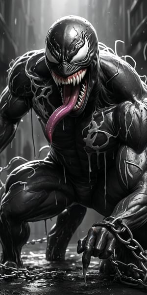 Black and white sketch, realistic, Venom, Marvel comics, chains, (((splashes of neon colors)))), neon colors