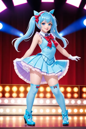 1 girl, alone, looking at viewer, bangs, blue eyes, smile, full lips, red lips, ahoge, sideburns, light blue hair, full body, hair ribbon, hair band, shoes, sleeveless, elbow-length gloves, twin tails, stage background with lights, hair locks, asymmetrical bangs, magical girl idol outfit, sparkling dress, frills, ribbons, wand, star accessories, dynamic pose, colorful stage lights, confident expression, knee-high boots, microphone, well-proportioned, symmetrical body, well-proportioned legs, symmetrical feet, full body shot, entire body in frame, including feet

hairstyle: long hair, styled in large curls, twin tails with large bows
