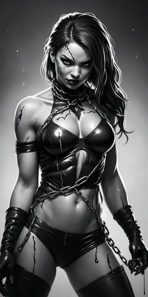 Black and white sketch, realistic, girl, Venom, female, Marvel comics, chains, (((splashes of neon colors)))), neon colors