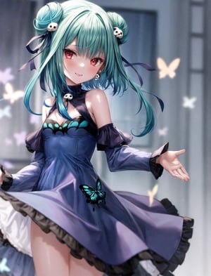 1girl, bare shoulders, colored inner hair, earrings, eyeliner, green hair, long hair, looking at viewer, low ponytail, makeup, small breasts, multicolored hair,red eyeliner, sleeveless, female_solo, red eyes, blue dress, blue hair, blue ribbon, butterfly print, cleavage cutout, clothing cutout, colored tips, detached sleeves, double bun, dress, fang, hair bun, hair ornament, hair ribbon, jewelry, skull hair ornament, ribbon, small smile,uruha rushia, hd, masterpiece, anime wallpaper, perfect hand, ,clothing_inner_view, normal hand,1boy