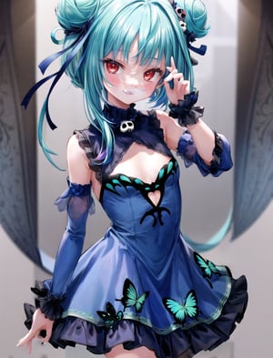 1girl, bare shoulders, colored inner hair, earrings, eyeliner, green hair, long hair, looking at viewer, low ponytail, makeup, small breasts, multicolored hair,red eyeliner, sleeveless, female_solo, red eyes, blue dress, blue hair, blue ribbon, butterfly print, cleavage cutout, clothing cutout, colored tips, detached sleeves, double bun, dress, fang, hair bun, hair ornament, hair ribbon, jewelry, skull hair ornament, ribbon, small smile,uruha rushia, hd, masterpiece, anime wallpaper, perfect hand, ,clothing_inner_view, normal hand,