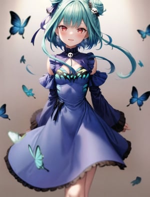 1girl, bare shoulders, colored inner hair, earrings, eyeliner, green hair, long hair, looking at viewer, low ponytail, makeup, small breasts, multicolored hair,red eyeliner, sleeveless, female_solo, red eyes, blue dress, blue hair, blue ribbon, butterfly print, cleavage cutout, clothing cutout, colored tips, detached sleeves, double bun, dress, fang, hair bun, hair ornament, hair ribbon, jewelry, skull hair ornament, ribbon, small smile,uruha rushia, hd, masterpiece, anime wallpaper, perfect hand, ,clothing_inner_view