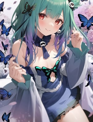 1girl, bare shoulders, colored inner hair, earrings, eyeliner, green hair, long hair, looking at viewer, low ponytail, makeup, small breasts, multicolored hair,red eyeliner, sleeveless, female_solo, red eyes, blue dress, blue hair, blue ribbon, butterfly print, cleavage cutout, clothing cutout, colored tips, detached sleeves, double bun, dress, fang, hair bun, hair ornament, hair ribbon, jewelry, skull hair ornament, ribbon, small smile,uruha rushia, hd, masterpiece, anime wallpaper,