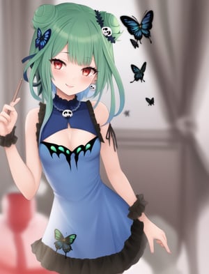1girl, bare shoulders, colored inner hair, earrings, eyeliner, green hair, long hair, looking at viewer, low ponytail, makeup, small breasts, multicolored hair,red eyeliner, sleeveless, female_solo, red eyes, blue dress, blue hair, blue ribbon, butterfly print, cleavage cutout, clothing cutout, colored tips, detached sleeves, double bun, dress, fang, hair bun, hair ornament, hair ribbon, jewelry, skull hair ornament, ribbon, small smile,uruha rushia
