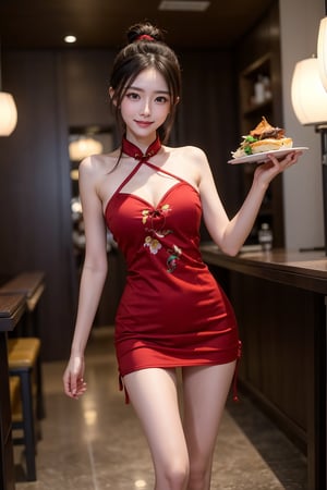 (8K, Live Action, RAW Photo, Top Quality, Masterpiece: 1.2), (Indoor, Front Lighting: 1.2), ((Perfect warm yellow  Lighting)), Ultra High Resolution: 1.4, Chinese food Restaurant in shanghai, crowded restaurant, Very Beautiful Waitress, Very small face, very tight dress, gorgeous dress, (((red cheongsam dress))), short length dress, deep slit, slender thighs, slender body, very long legs, beautiful eyes, eyeliner, smile, kind face, carrying delicious food, Walking on the floor, big breasts, breast pressure, breasts protruding, backworm man, bending over to put dishes on the table, all very beautiful, the most beautiful women in the world, many drunk male customers:1.5, hair tied up tightly, Bun hair, clear photo, beautiful long legs, beautiful waist, beautiful cleavage, seductive touch with male customers: 1.3, pose to please men, pure white skin, full body portrait: 1.4, tall Heel: 1.3, show off thighs